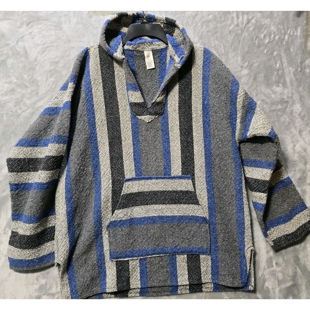 Sun Specs Mexican Drug Rug Pullover Hoodie Poncho XL Gray Blue Stripe Pouch